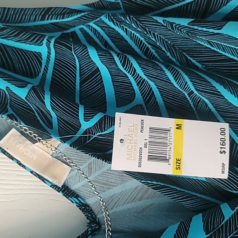NWT MICHAEL Michael Kors Wide-Leg Jumpsuit Womens M Peacock Blue Leaf Print Dres - Picture 4 of 12